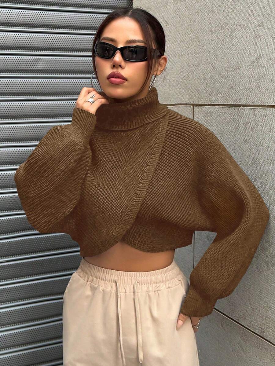 SHEIN Unity 1pc Women Solid Color Turtleneck Criss-Cross Wrap Long Sleeve Casual Sweater Knit Pullover Fall Winter Outfit