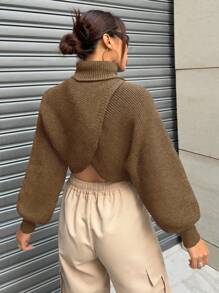 SHEIN Unity 1pc Women Solid Color Turtleneck Criss-Cross Wrap Long Sleeve Casual Sweater Knit Pullover Fall Winter Outfit