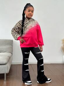 Ensemble sweat-shirt à capuche léopard brillant rose vif et leggings usés, décontractée pour filles pré-adolescentes. Convient pour le port quotidien en automne/hiver