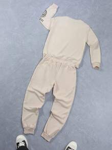 Manfinity Homme 2pcs/Set Men Graphic Print Crew Neck Long Sleeve Sweatshirt And Drawstring Waist Casual Sweatpants - Apricot - View 2