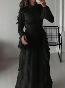 Firerie Đầm dài tay cổ cao xếp nếp màu trắng thanh lịch cho nữ - màu đen - Xem 8