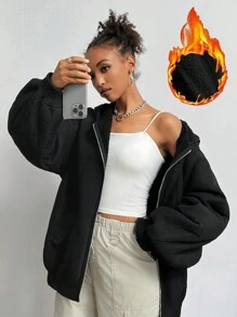 SHEIN EZwear 女士休闲双面连帽羊毛夹克，适合秋冬季 - 黑色 - 查看 1