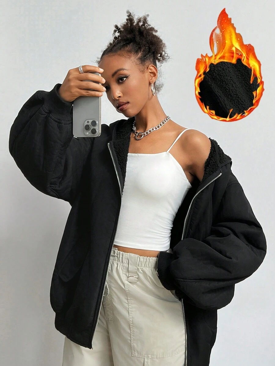 SHEIN EZwear 女士休闲双面连帽羊毛夹克，适合秋冬季 - 黑色 - 查看 1