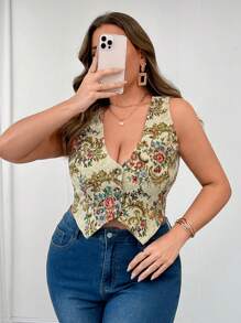 SHEIN Unity Plus Size Elegant Jacquard V-Neck Button Regular Sleeveless Fitted Women Tank Top - Khaki - View 3