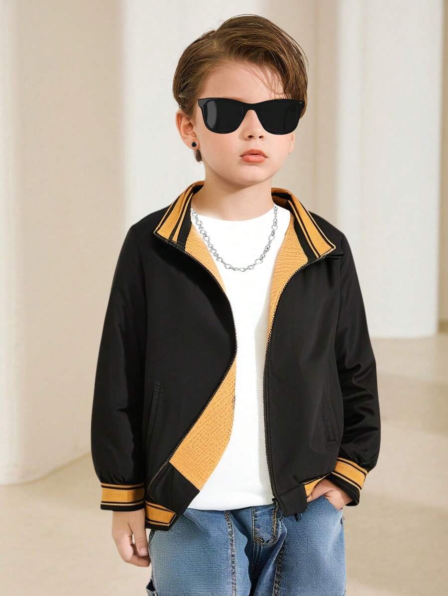 SHEIN 1pc Casual Hooded Jacket For Young Boys,Thermal Lined Comfortable Coat,Versatile Design For School,Outdoor,Sports,Winter,Career Day,Back-To-School - Black - View 1