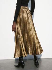 SHEIN X Scheana Maija 女士高腰褶皱箔反光闪亮半身裙，舒适四季百搭时尚商务休闲办公室女士服装，优雅别致的城市通勤风格 - 金色 - 查看 4