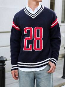 Manfinity Campus Court Men Casual Numerical Pattern V-Neck Loose Knit Sweater, Autumn/Winter - Multicolor - View 5