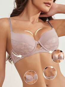 DesireSculpt 女士花朵蕾丝拼接镂空时尚文胸 - 淺灰紫 - 查看 5