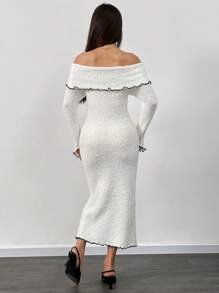 Chiquease Asymmetrical Ruffle Cuff Winter Women Long Off Shoulder Textured Casual Black Trim Knit Dress Fall Cloth For Women