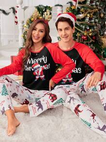 SHEIN Merry Christmas Women Pajamas, Santa Reindeer Design Minimalist Fashion Long Sleeve Pants Home Outfit Set, Family Matching Outfits Mommy And Me (4 Sets Sold Separately)