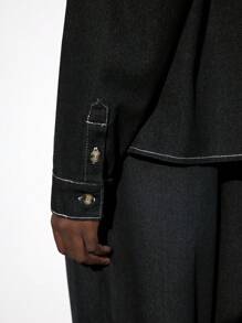 SHEIN Maija 女士休闲宽松长袖蓝色牛仔衬衫 - 深色水洗藍 - 查看 4