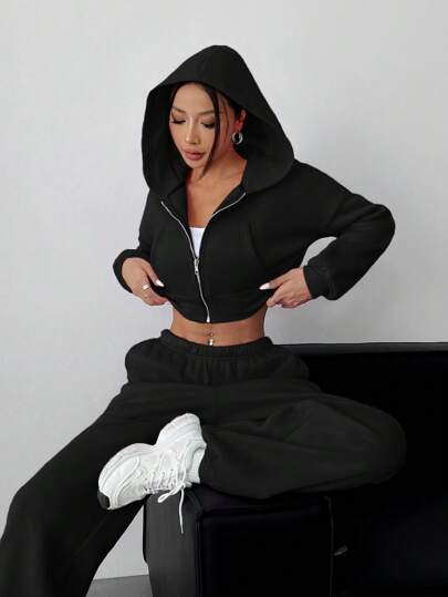 SHEIN EZwear Conjunto deportivo casual de punto negro para mujer