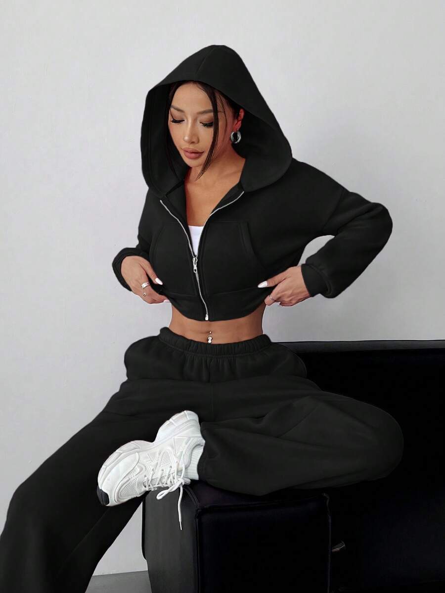 SHEIN EZwear 黑色针织女式休闲运动服 - 黑色 - 查看 1