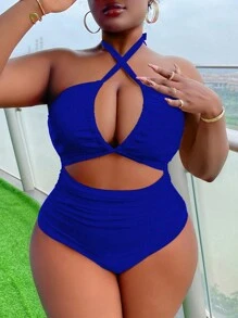 SHEIN Slayr 大码女式纯色镂空交叉吊带连体泳衣夏季 - 寶藍色 - 查看 4