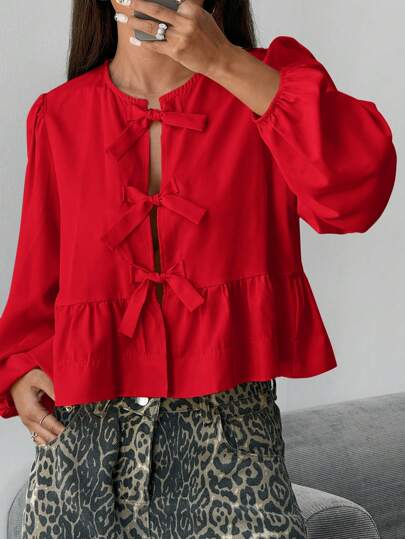 SHEIN EZwear Red Woven Lantern Sleeve Blouse With Tie Bow For Women,Long Sleeve Tops