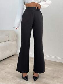 EURMUSE Women's Solid Gold Button Detailed Pants - Black - View 3