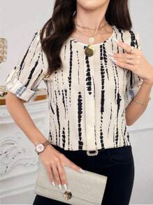 SHEIN Clasi Ladies Geometric Pattern Decorative Button Round Collar Blouse, Elegant For Work & Outings In Fall/Winter
