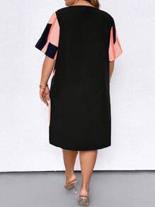 SHEIN LUNE 大码拼色圆领短袖休闲连衣裙 - 粉色 - 查看 2