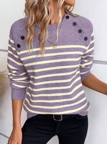 SHEIN LUNE Casual Minimalist Color Block Striped Raglan Sleeve Sweater For Autumn/Winter Knit Pullover Fall Outfit