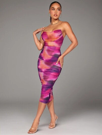 Silquee 紮染褶邊抹胸緊身連衣裙