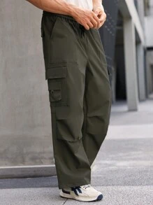 Manfinity Homme Men's Solid Color Pocket Drawstring Casual Pants, Versatile - Army Green - View 4