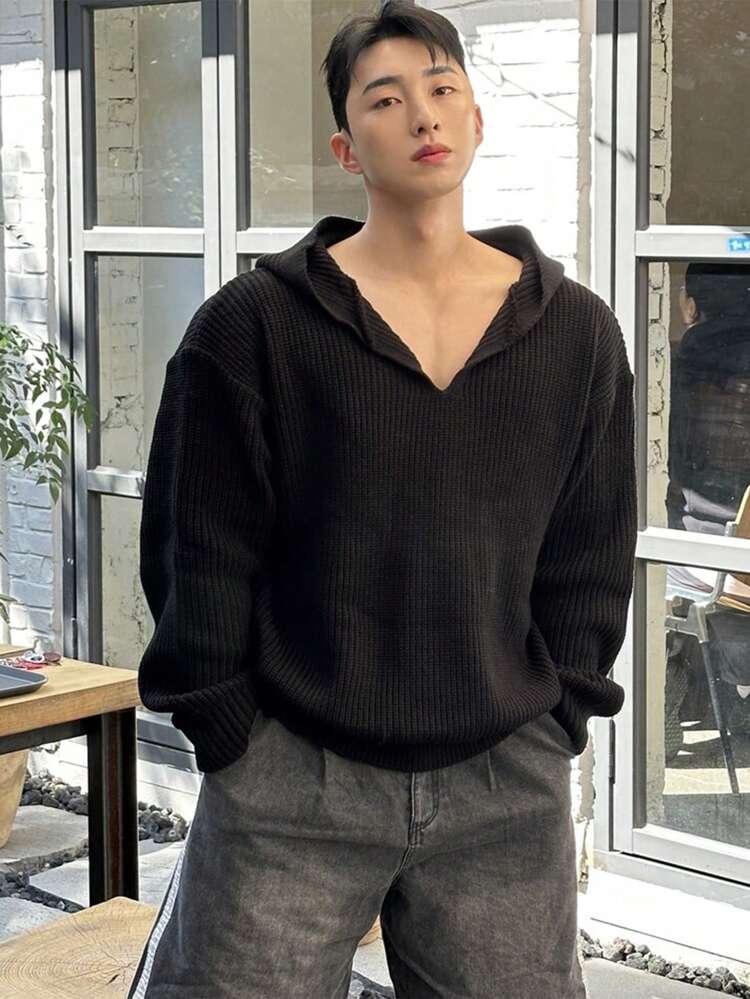 Men's Casual Loose Drop Shoulder Solid Color Sweater, Autumn, Grunge Style Hoodie