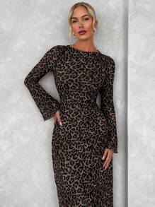 Firerie Damen elegantes, sexy Urlaubs-Lässig, minimalistisches Leopard Muster-Mesh-Kleid mit Glockenärmeln in A-Linie, für Sommer & Herbst