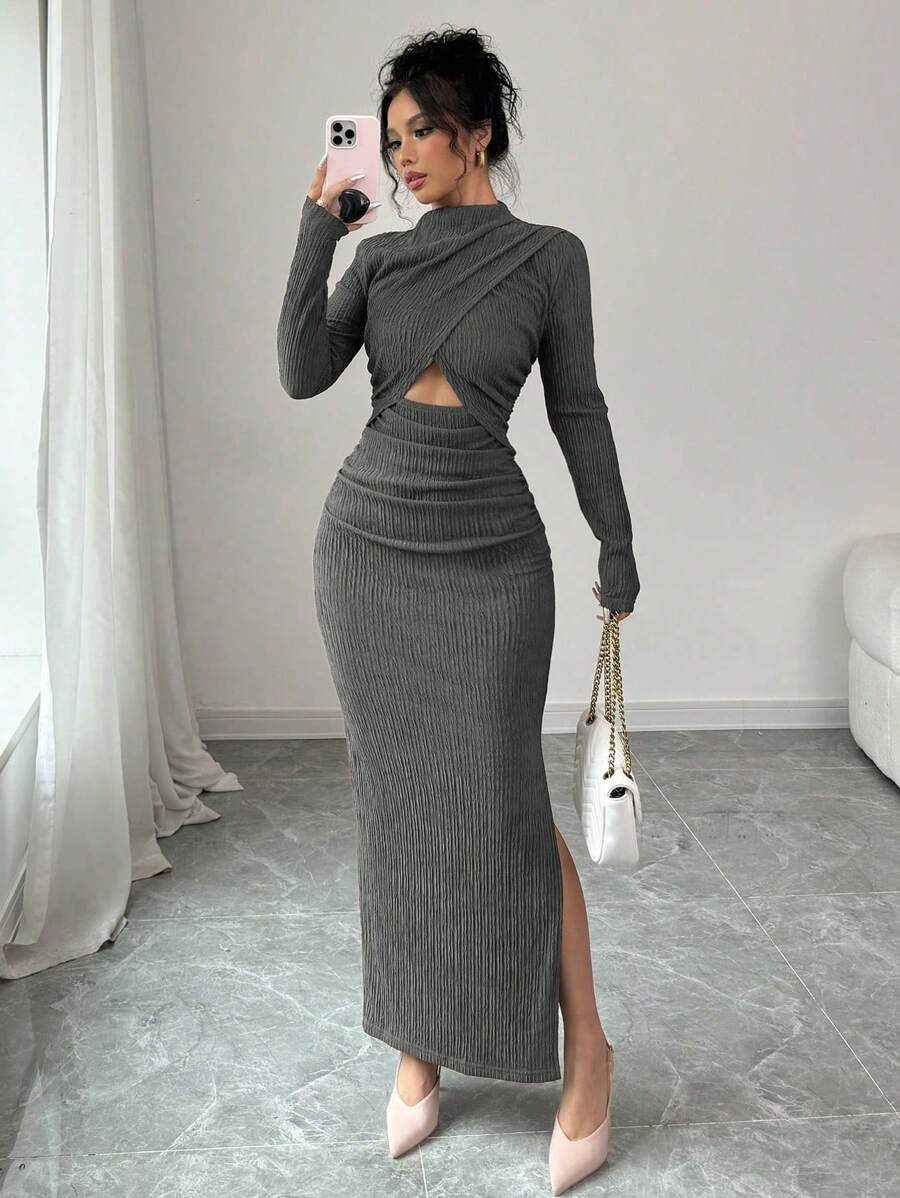 Elenzga 女士时尚优雅漏斗领交叉裹身镂空紧身连衣裙长款女装 - 灰色 - 查看 1