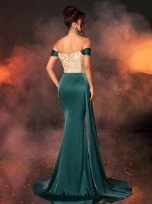 Glamrae Elegante y hermoso vestido de fiesta con escote corazón, de un solo hombro, ajustado y en corte sirena, confeccionado con lentejuelas doradas cosidas sobre satén brillante verde oscuro, con piezas flotantes, adecuado para cenas, fiestas de solteros, galas de noche formal, bailes de graduación, y para invitados de bodas