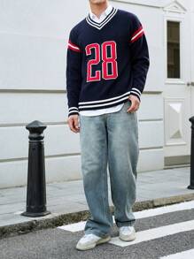 Manfinity Campus Court Men Casual Numerical Pattern V-Neck Loose Knit Sweater, Autumn/Winter - Multicolor - View 6