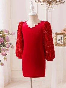 SHEIN Đầm nhung dự tiệc công chúa tay bồng cổ bèo nhún đính ngọc trai và sequin sang trọng thanh lịch cho bé gái và bé gái, thích hợp cho dịp Giáng sinh - Đỏ - Xem 7