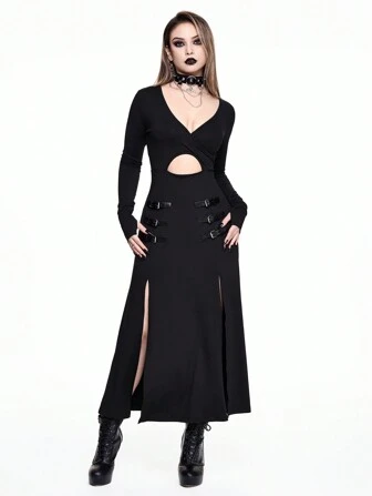 Goth Vestido de señora sexy con cuello en V profundo, raja alta y botones de piel sintética (PU)