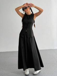 Flirla Women 2 Pieces Set, Casual Front Button Tank Top And Solid Color A-Line Skirt, Suitable For Commuting, Autumn - Black - View 3