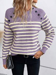 SHEIN LUNE Casual Minimalist Color Block Striped Raglan Sleeve Sweater For Autumn/Winter Knit Pullover Fall Outfit