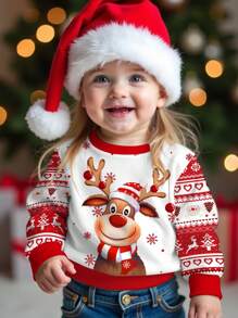 SHEIN Christmas Cute Cartoon Reindeer, Snowflake, Fair Isle Pattern Baby Girl Casual Loose Soft Knitted Pullover Sweatshirt, Christmas Baby Girl Clothes In Fall/Winter - Multicolor - View 1