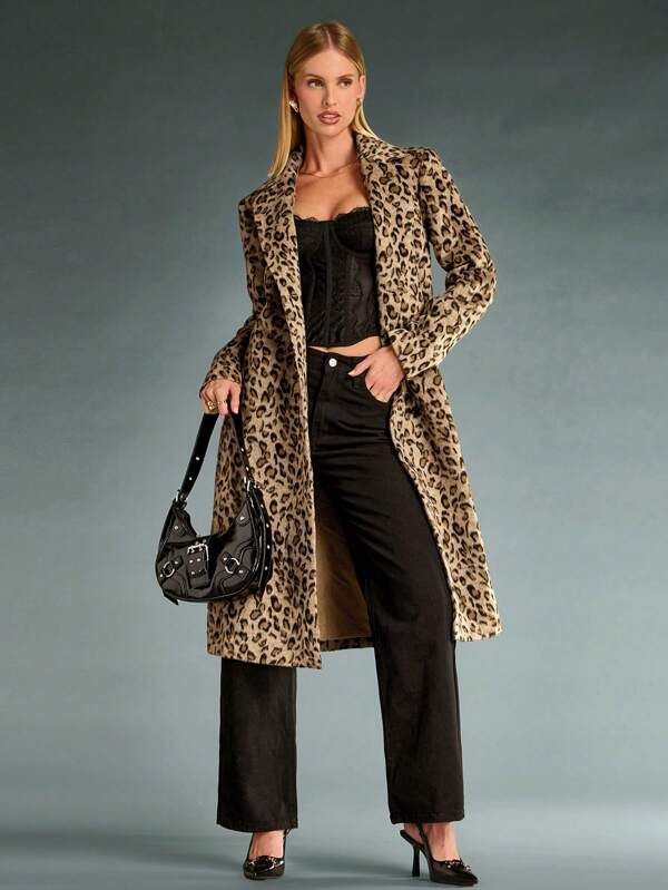 SHEIN BAE Pardesiu Lung Damă Imprimat Leopard Rever Gât Mânecă Lungă, Moda Pentru Toamnă