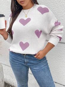 Elenzga Suéter de punto de talla grande con bloque de color con estampado de corazón para otoño e invierno - Multicolor - Ver 6