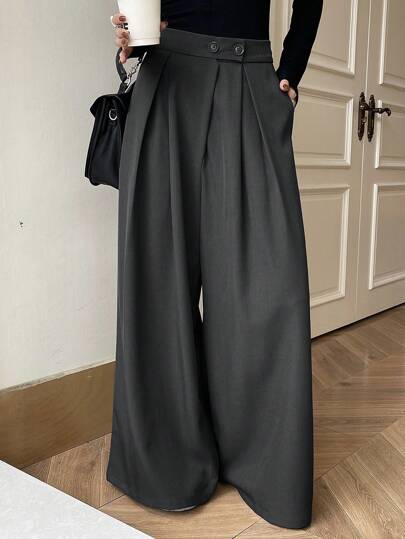 DAZY Kvinnors enfärgade veckade casual fickor hög midja vida benbyxor, tillbaka till skolan kläder