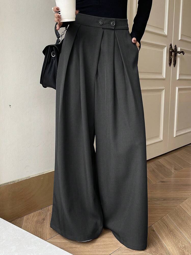 女性 無地 プリーツ カジュアル ポケット ハイウエスト ワイドレッグパンツ、バックトゥースクールの服