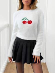 SHEIN Cottnline فستان صوفي قطّيف بتطريز الكرز للنساء، لموسم الخريف والشتاء، شكل كاجوال - أبيض - مشاهدة 3