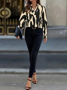 SHEIN LUNE Autumn Casual Colorblock Print Notched Neck Lantern Sleeve Blouse - Black - View 5