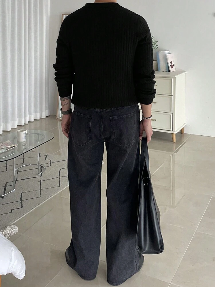 1pc Solid Color Ribbed Knit Thickened Long Sleeve Sweater For Men, Autumn Business Attire