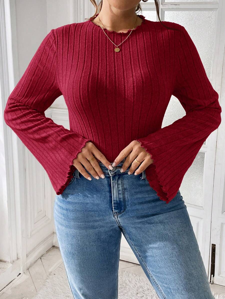 SHEIN Essnce Plus Size Women's Fall Long Sleeve Bodysuit Fall Women Winter Rib Knit Bodysuit - Burgundy - View 1