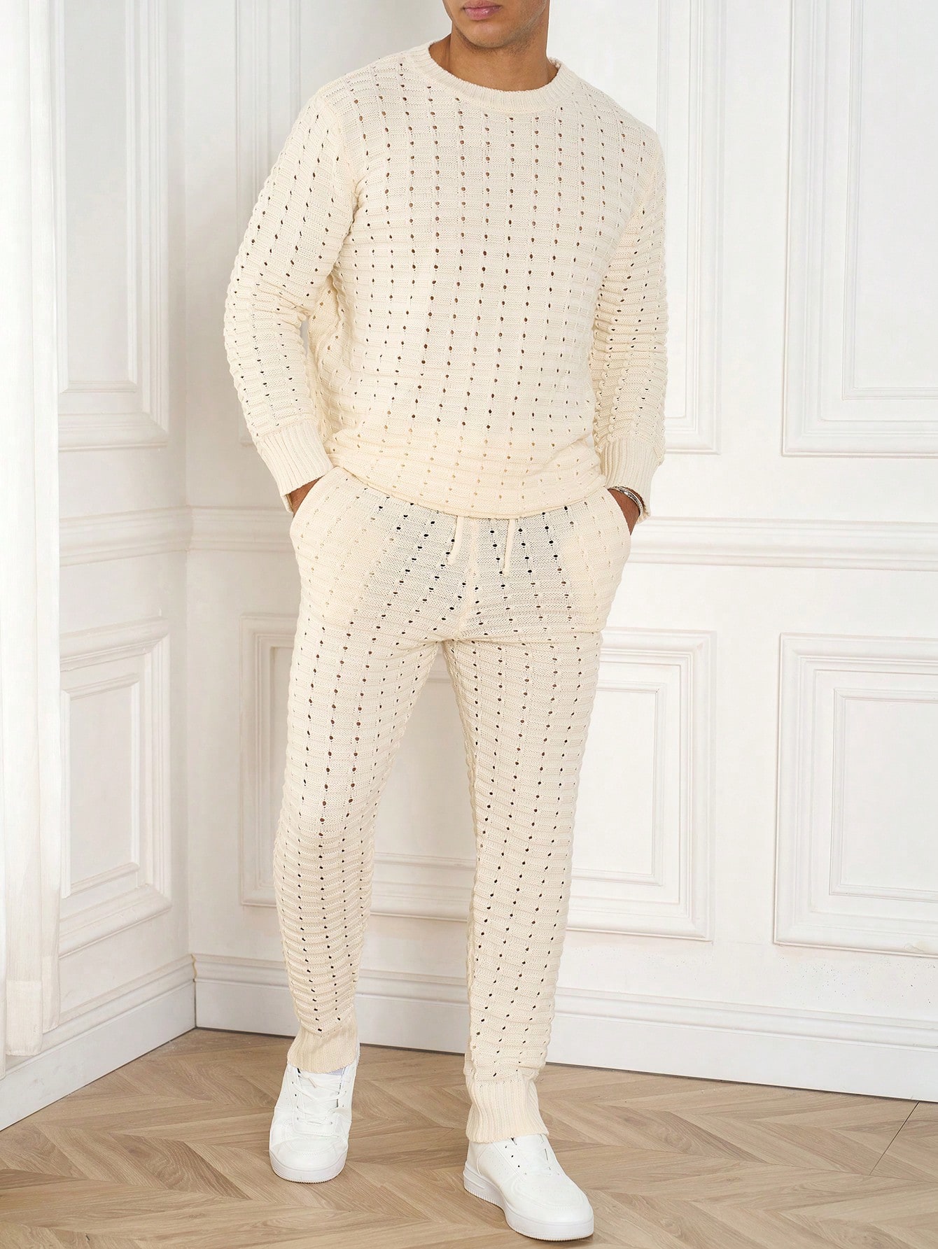 Manfinity Dauomo Men's Solid Color Crew Neck Long Sleeve Sweater Top And Drawstring Pocket Sweatpants Set