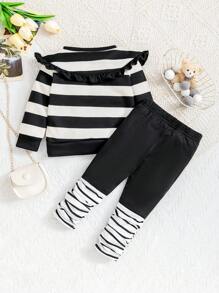 Bộ 2 áo thun cổ sọc thường ngày cho bé gái mới biết đi và quần dài, phù hợp cho mùa thu/đông - Đen và trắng - Xem 2