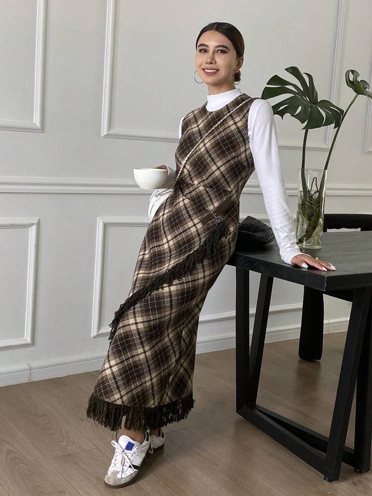 Plaid Fitted Round Neck Sleeveless Asymmetric Tassel Midi Dress,Fall Clothes