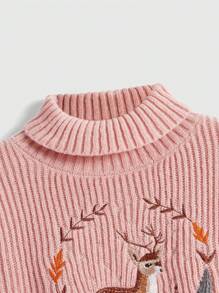 ROMWE Fairycore Women's Deer Embroidered Turtleneck Casual Pullover Sweater - Pink - View 3
