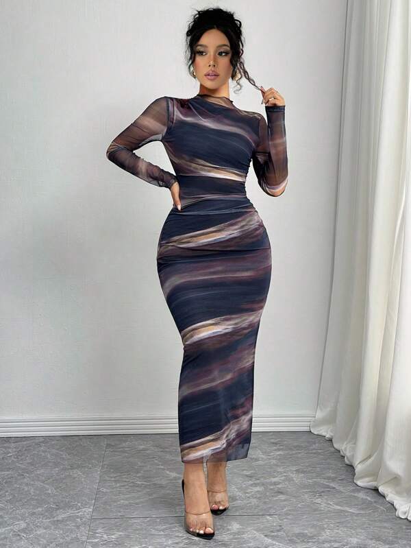 Rafferiza Women Elegant Ombre Ruched Mesh Bodycon Long Sleeve Dress Maxi Women Outfit