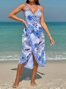 Swim Vcay 女士龍紋花卉印花海灘披肩和服罩衫，適合度假穿著