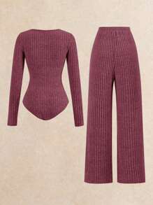 SHEIN Frenchy Conjunto de 2 piezas de body y pantalones de punto acanalado de talla grande, conjunto de entrenamiento cómodo, chándal, estilo casual, body de manga larga y pantalones de pierna ancha, ropa básica esencial de otoño e invierno